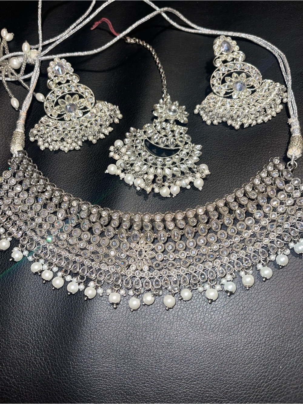 Silver Pearl-Trim Choker Necklace, Earrings & Forehead Pendant Set